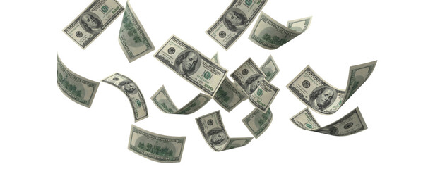 Scattered one hundred dollar bills raining down from above, isolated on transparent background, motion blur effect, currency flying in air
