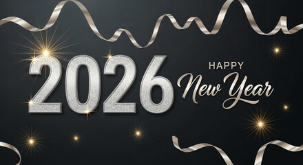 Image of year 2026 with silver glitter texture. "Happy New Year" in cursive font. Ribbons and starbursts against black background, festive celebration