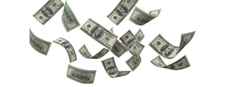 Scattered one hundred dollar bills raining down from above, isolated on transparent background, motion blur effect, currency flying in air