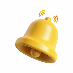 Fototapeta premium 3D cartoon yellow notification bell with sound wave alert icon isolated on transparent background.