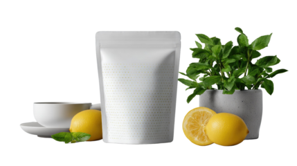 Refreshing Display: A meticulously arranged composition showcasing a blank package alongside fresh lemons, aromatic herbs, and a minimalist teacup, evoking a sense of tranquility and health.