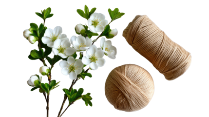 Delicate Florals and Rustic Thread: A captivating composition featuring pristine white blossoms blooming alongside two meticulously wound spools of natural thread.