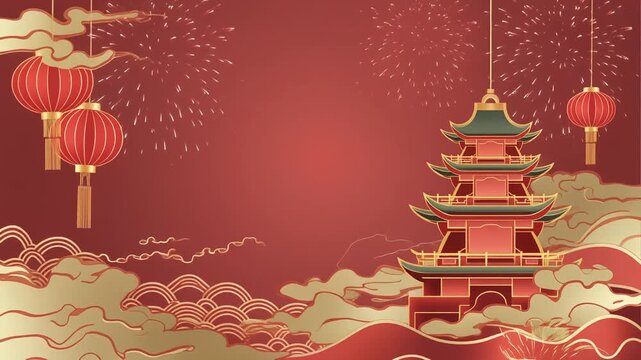 A vibrant illustration depicting a traditional Chinese pagoda and red lanterns amidst golden clouds and fireworks, celebrating Chinese New Year.