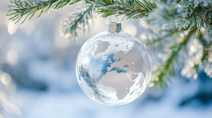 Christmas globe ornament hangs on a tree branch with a view of the world map and snow in the background during the holiday season