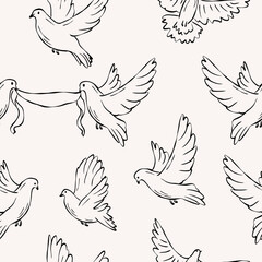 Hand drawn cute doodle dove seamless pattern