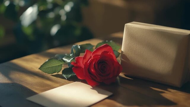 A close-up view showcases vibrant red roses arranged beside a blank greeting card, perfect for Valentine's Day messages. This setup creates a lovely ambiance for gifting.