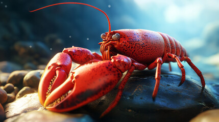 Photorealistic Red Lobster Resting on Rocky Seabed