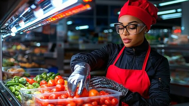 Woman in red apron and hat selecting fresh tomatoes in grocery store
