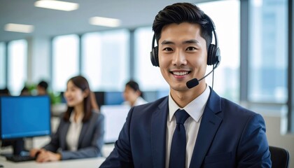 Customer Support: Asian call center agent assisting customer with headset
