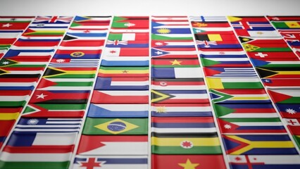 A grid of global flags, brightly colored, representing countries across the world