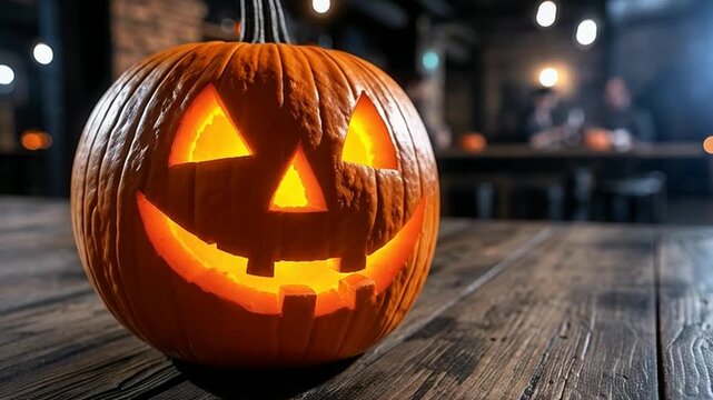 Glowing jack o'lantern on rustic table in cozy bar - Powered by Adobe