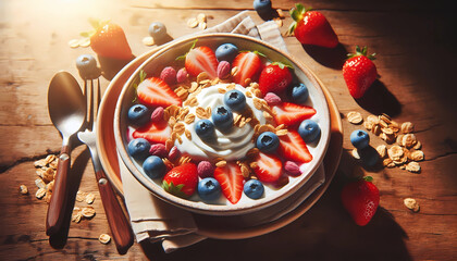 Top view of healthy breakfast yogurt bowl with granola, fresh strawberries, and blueberries on a rustic wooden table with morning sunlight.
