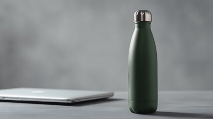 Matte Olive-Green Reusable Water Bottle with Minimalist Desk Setup