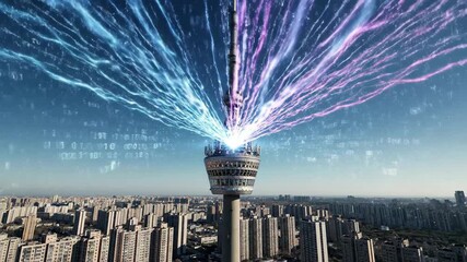 Communication tower broadcasting digital data streams over a dense urban cityscape under a blue sky, 4k - Powered by Adobe