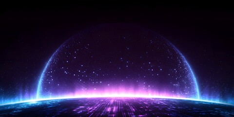 Abstract glowing sphere with vibrant neon blue and purple light emanating from its surface against a dark starry background creating a futuristic cosmic energy field