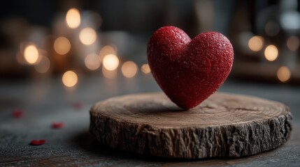 Heart-shaped decoration on wooden platform surrounded by soft glowing lights in a cozy setting