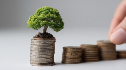 Growth of investments shown by a miniature tree on stacks of coins representing financial success and sustainability