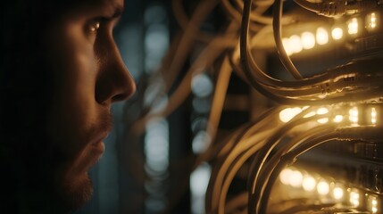 Man s profile gazes intently at illuminated network cables and blinking server lights in a dark technological environment