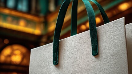 Shopping bag with green handles in a stylish indoor setting during the evening