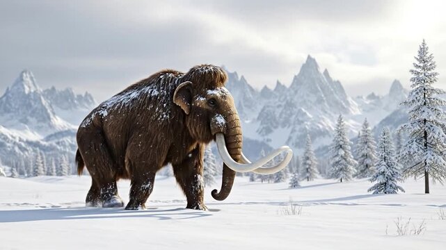 Mammoth walks in snowy winter wilderness near mountains