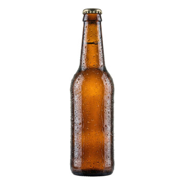 Cold brown beer bottle with condensation on transparent background