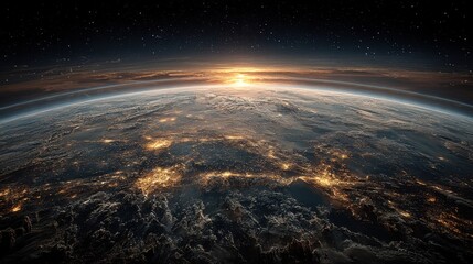 View of Earth from space at sunrise with glowing cities and clouds