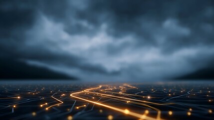Glowing digital pathways and nodes on a circuit board beneath a dramatic dark cloudy sky