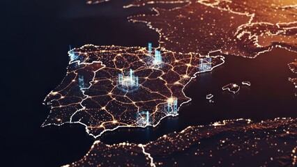Glowing map of Iberian Peninsula with city light clusters and connected infrastructure