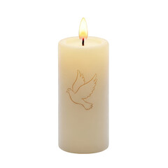 Cream colored pillar candle with a subtle etched design isolated on transparent background