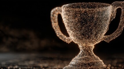 Shimmering trophy created with glowing particles on a dark background symbolizing achievement and success