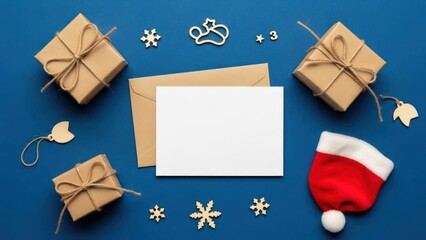 Holiday flat lay with gifts, card, envelope, decorations on blue