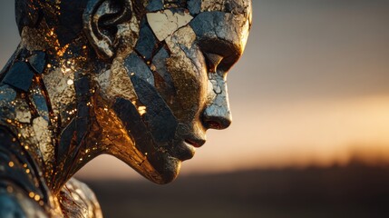 Sculpture of a human figure with golden details against a sunset backdrop in a serene landscape