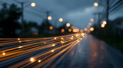 Abstract digital light streams flow along a wet road at twilight symbolizing data transmission and network connections