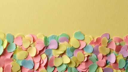 colorful pastel confetti piled at bottom on warm yellow backdrop with large copyspace forming cheerful celebration banner layout concept of event decor branding and party promotion
