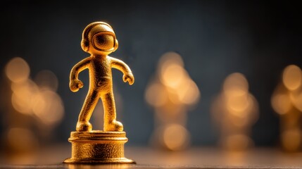 Golden astronaut figurine stands out among blurred figures in a dark setting