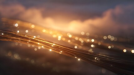 Abstract data streams of glowing fiber optic cables flowing through a foggy golden hour sky representing technology and connectivity