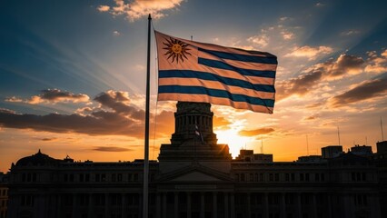 South American flag waves over a grand building, silhouetted against a radiant sunset