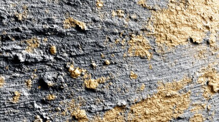 Artistic texture of weathered gray wall with gold accents showcasing wear and age