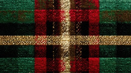 Colorful woven textile with a plaid pattern showcasing rich reds and greens