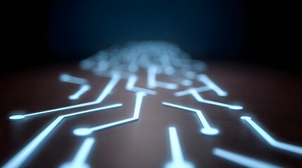 Glowing blue circuit board pathways stretching into a dark blurred digital space symbolizing data flow and connectivity