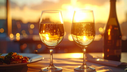 Wine Toast at Sunset: Two wine glasses with golden liquid at a restaurant, bathed in the soft glow of a romantic sunset. A moment of tranquility with city lights in the background.