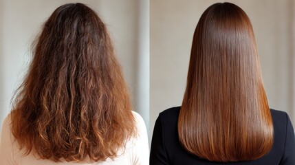 Transformation from curly and frizzy hair to sleek and straight look in a stylish hairstyle change