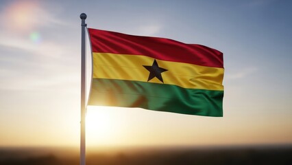 The flag of Ghana waves proudly against a sunset sky