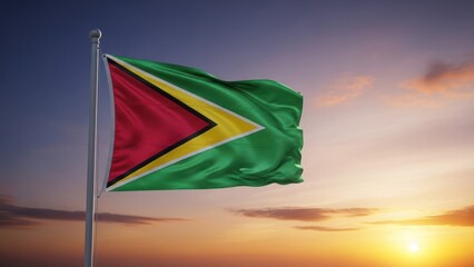 The flag of Guyana waving on a pole against a colorful sunset backdrop