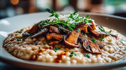 Creamy risotto topped with saut&eacute;ed mushrooms and fresh herbs served on a rustic table setting