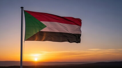 The Sudanese flag waves in the sunlight against a vibrant sunset sky