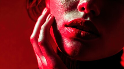 Woman's face illuminated by red light with a hand gracefully touching her cheek in a moody setting