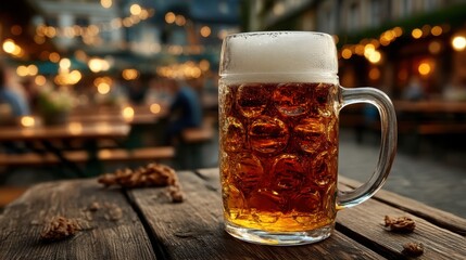 Chilled beer in a clear mug sits on a rustic wooden table in an evening outdoor garden setting with festive lights
