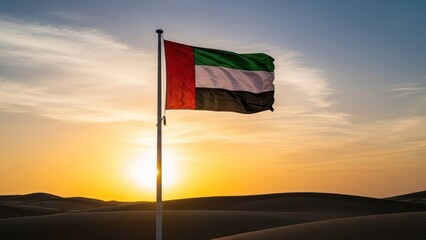 United Arab Emirates flag waving in the desert during sunrise, golden light