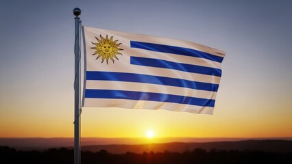 Uruguayan flag waving in the sunset, with golden sun on white field and blue stripes